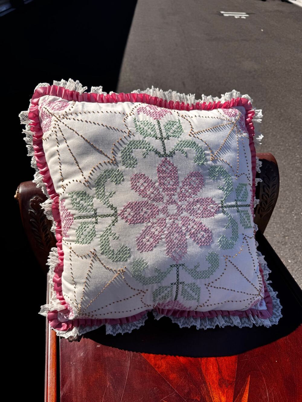 vintage pink green floral cross-stitch needlepoint pillow pink lace ruffled trim